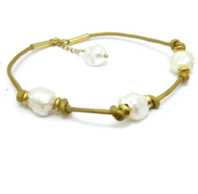 White Rosebud Pearls on Gold Leather